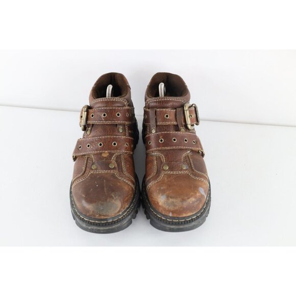 Vintage 90s Y2K Mens 8.5 Distressed Gothic Chunky Leather Strap Boots Brown main image 6